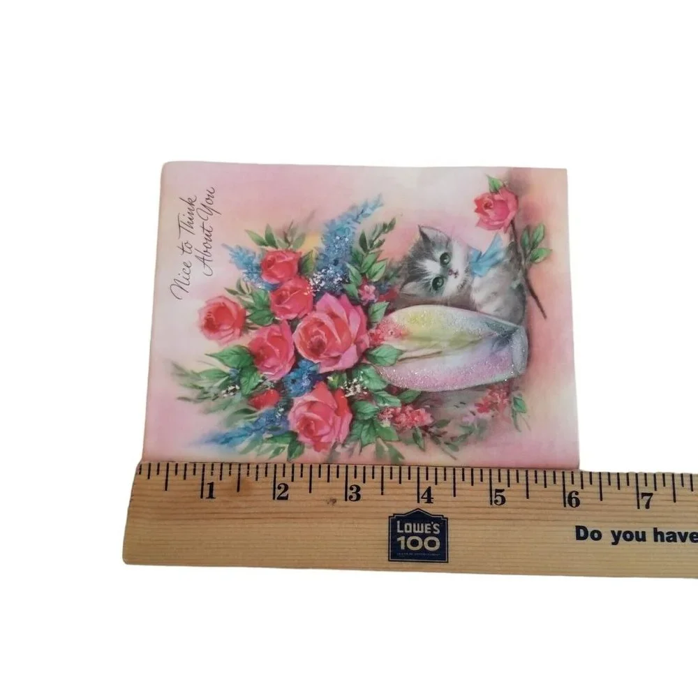 Vintage Greeting Card Nice to Think About You Pink Roses Glitter Kitty Kitten